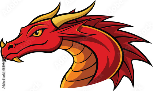 Fierce red dragon head profile illustration
