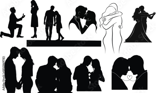 Romantic couple silhouette standing together holding hands on a white background, Valentine's Day concept.
