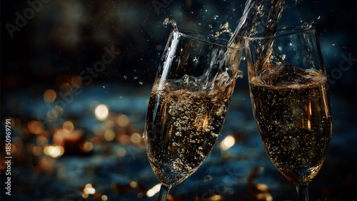 Champagne glasses toast with festive golden bokeh lights