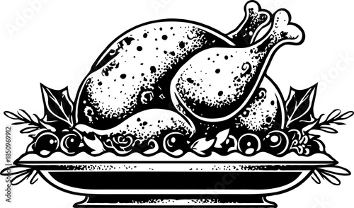 Roasted turkey on platter with garnish in black ink engraving style illustration.