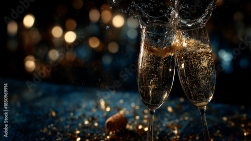 New year party mood with champagne flutes and glowing bokeh