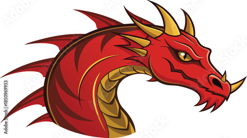 Fierce red dragon head with golden horns and spikes