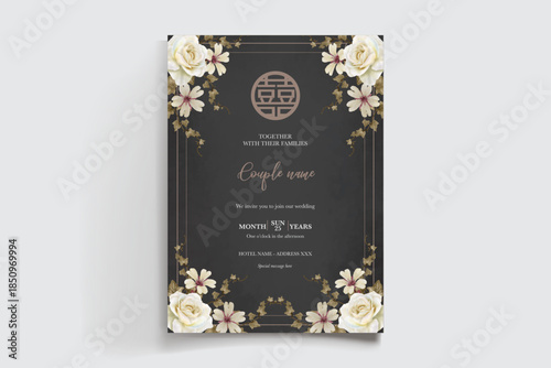 WEDDING INVITATION FRAME WITH FLOWER DECORATIONS AND FRESH LEAVES