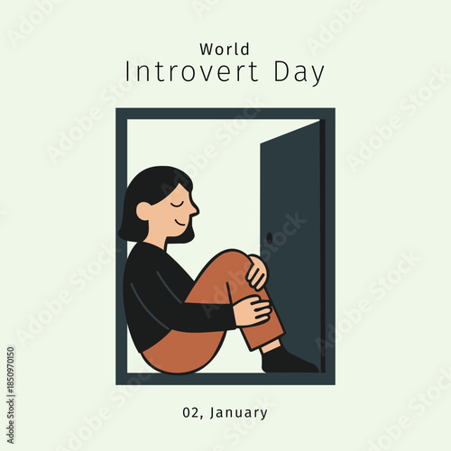Minimal vector illustration of a calm person sitting alone Social media poster for World Introvert Day.