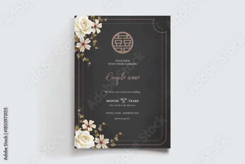 WEDDING INVITATION FRAME WITH FLOWER DECORATIONS AND FRESH LEAVES
