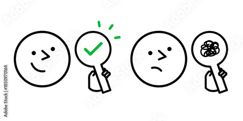 チェックマークと混乱で判断を表すシンプルな顔アイコン｜OKとNG,選択,意思決定,フラットデザイン