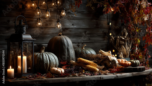 Rustic fall composition with gourds, foliage and soft candlelight
