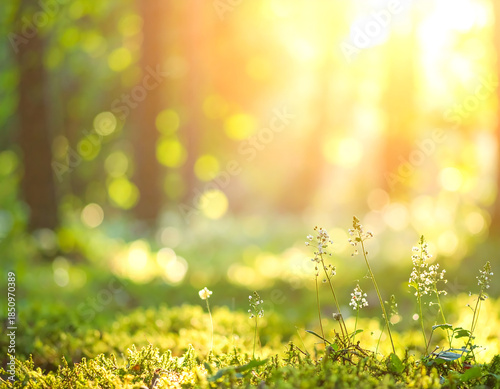 幻想的な森に差し込む光とボケ背景 / Dreamy forest background with glowing bokeh light