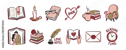Romantic collection of hand-drawn doodle icons for book lovers, featuring novels, a couple, hearts, a candle, a cozy armchair, a quill pen, and a sealed love letter