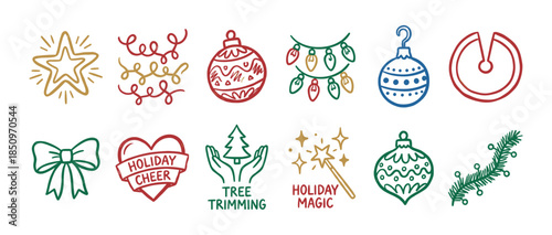 Festive collection of hand-drawn Christmas icons in a colorful doodle style, including ornaments, a star, lights, a bow, and holiday greetings for seasonal graphic design