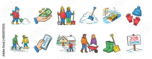Set of hand-drawn cartoon icons about snow removal services, showing people shoveling, winter equipment, and earning wages for seasonal work