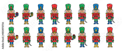 Collection of colorful hand-drawn nutcracker soldiers in festive uniforms with a charming doodle style, featuring variations with gifts and swords for a holiday theme