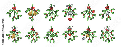 Hand-drawn mistletoe sprigs with red berries and festive decorations like bells, stars, and hearts, a charming collection of Christmas holiday doodles in a cute, sketchy illustration style
