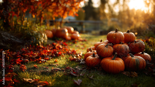 Seasonal pumpkin patch scene in nature with soft sunlight