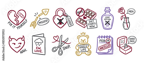 Set of funny hand-drawn anti-Valentine's Day icons showing heartbreak, being single, and cynical love concepts in a colorful doodle style