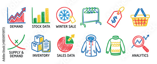 Collection of colorful hand-drawn icons representing retail business concepts like supply, demand, inventory, winter sale, and analytics for clothing e-commerce in a sketchy doodle style