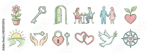 Charming set of hand-drawn relationship icons illustrating concepts of love, commitment, and personal journey with symbols like hearts, a key, a dove, and a couple on a date