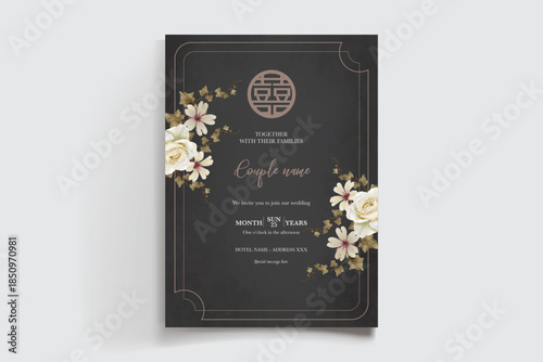 WEDDING INVITATION FRAME WITH FLOWER DECORATIONS AND FRESH LEAVES