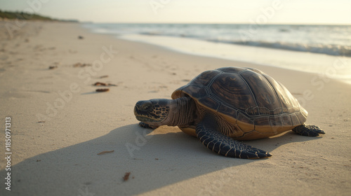 a turtle coming out of the sea towards the beach