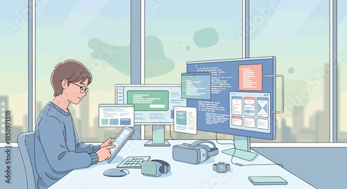 Dedicated Coder Working With Multiple Screens in Office Environment