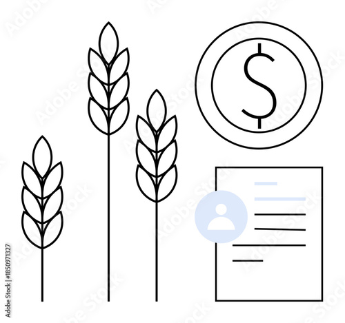 Sustainable agriculture, economic growth, financial planning, rural development, agri-business, contracts. Three wheat ears, dollar coin document icon with profile. Agriculture and economic growth