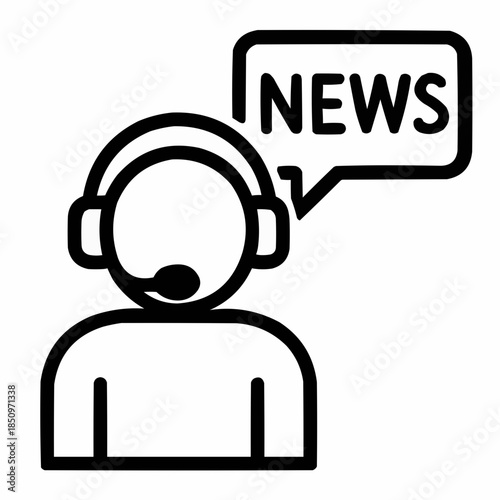 Line icon of a person with headset and news feed, black on white, square minimalist style