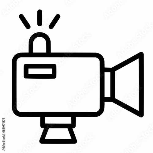 Line icon of a camera with blinking light — live coverage, black on white, square minimalist style