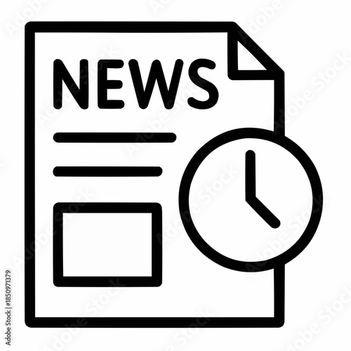 Line icon of a newspaper with clock — time-sensitive report, black on white, square minimalist style