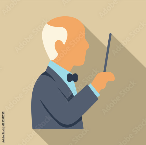 Senior maestro conducting music with a baton in a flat icon design