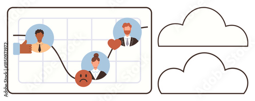 Graph with trend line showing emotions using faces, thumbs up, and heart icons. Includes clouds for context. Ideal for business, emotional data, team progress, analytics, performance presentations