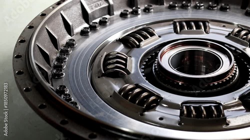 Rotation of an automatic transmission torque converter. Detailed steel mechanical parts, dampening springs, and gear assembly for heavy duty vehicle powertrain.