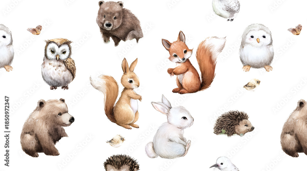 Fototapeta premium A whimsical pattern featuring cute woodland animals including rabbits, owls, hedgehogs, foxes, and bears, surrounded by leaves and butterflies on a white background