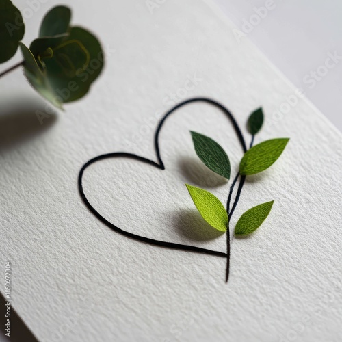 Heart line art on textured paper with delicate green leaves and eucalyptus