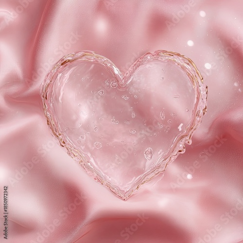 Glass heart framed in gold on silky pink background with sparkles