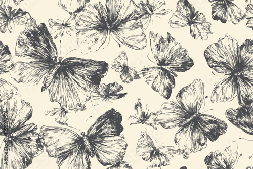 Beautiful and elegant oversized Butterflies pattern with delicate line details within Butterflies presents a hand-drawn sketch ideal for fabric, fashion, clothing, illustration, abstract, Background