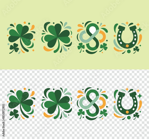 Four charming St Patricks Day themed icons showcasing clovers, a lucky infinity symbol, and a golden horseshoe