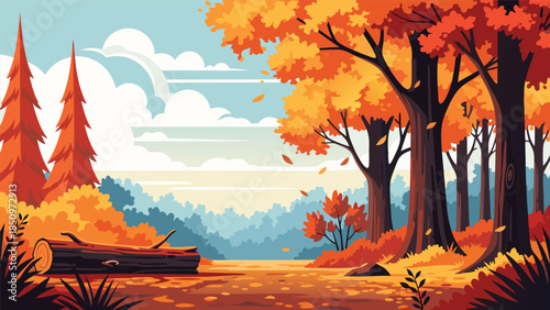 Vibrant autumn forest landscape illustration showcasing colorful trees, fallen leaves, and a peaceful natural setting, ideal for vector art
