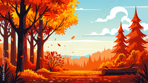 Idyllic vector landscape showcasing a beautiful autumn forest scene with vibrant fall foliage, falling leaves, and a tranquil natural setting, rich in seasonal color