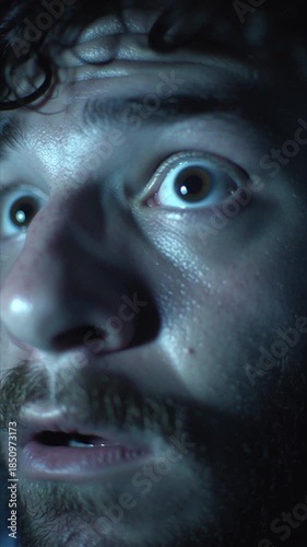 Close-up of a mans face with wide eyes and a look of fear in the dark.