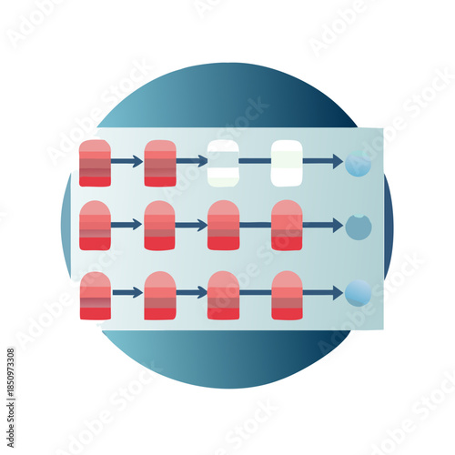 Abstract illustration of a pill blister pack showing a sequence or process flow, representing medication, dosage, treatment plan, or birth control schedule.