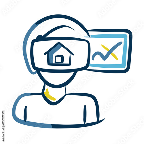 VR Real Estate Viewing Icon: Person Wearing Virtual Reality Headset Analyzing House Data and Property Market in Metaverse. Hand-Drawn Technology Doodle Illustration.