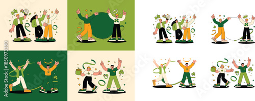 Group of diverse people celebrating St Patricks Day with shamrocks and festive green elements