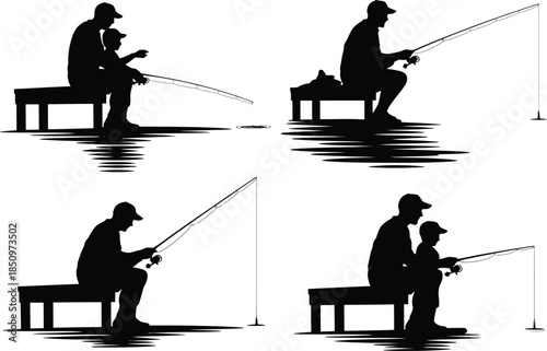 Fishing Silhouette Illustration Sequence, Man Catching Fish from Pier, Outdoor Leisure Vector Art