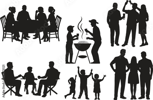 Family and Social Life Silhouette Illustration, People Dining Celebrating Together, Vector Art