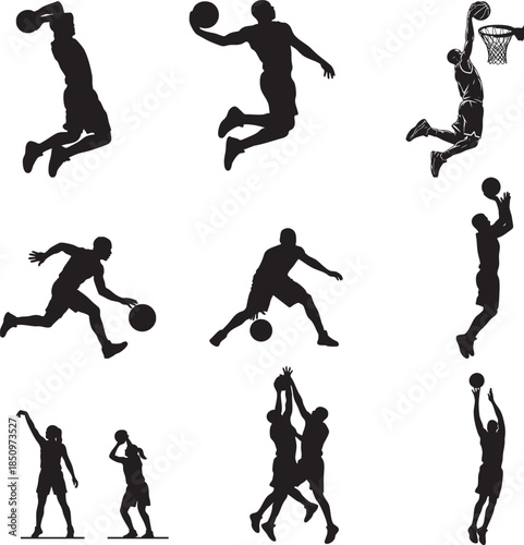 Basketball players performing various actions in a black silhouette set on a white background.