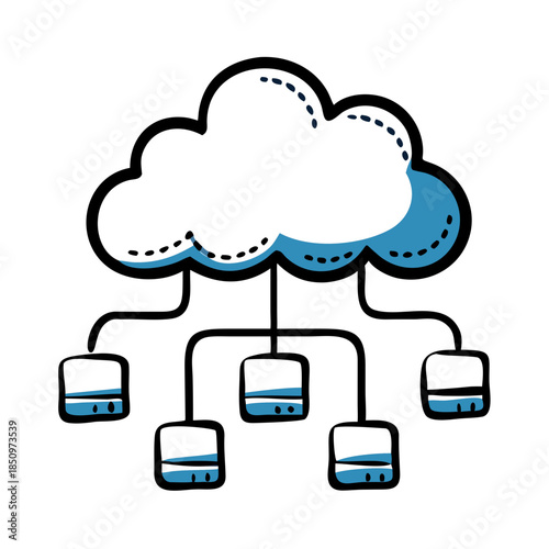 Hand Drawn Cloud Raining Water Drops Doodle Illustration. Simple Weather Forecast Icon or Watering Symbol in Blue Color Isolated on Black Background, Vector Graphic Element.