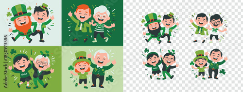 Happy diverse people celebrating St Patricks Day with green outfits and shamrock hats dancing joyfully