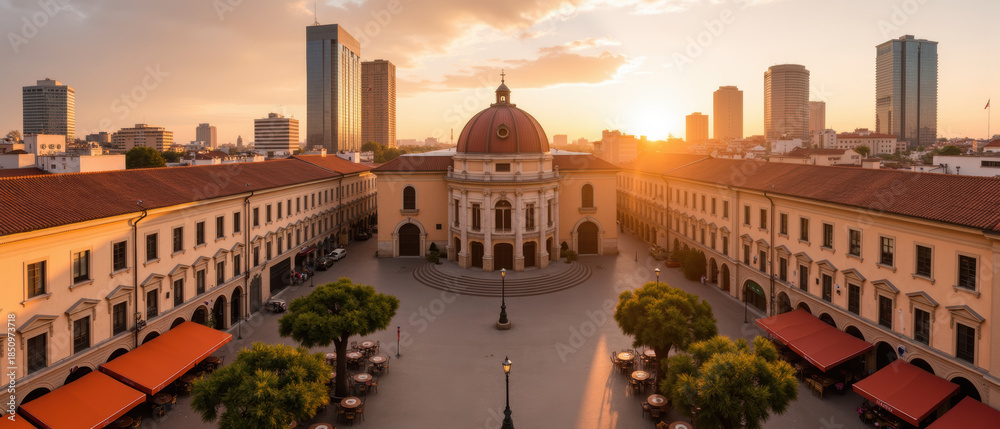 Fototapeta premium Beautiful sunset over historic plaza with modern skyscrapers in background, showcasing blend of architecture and vibrant atmosphere
