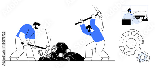 Cryptocurrency, blockchain, digital mining, data processing, technology advancements, industrial work. Workers mining digital assets, computer operator and settings gears. Cryptocurrency