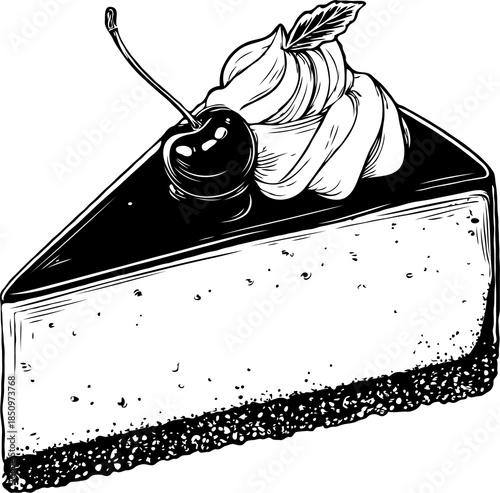 Slice of cheesecake with cherry and cream in vintage hand-drawn ink style on white.
